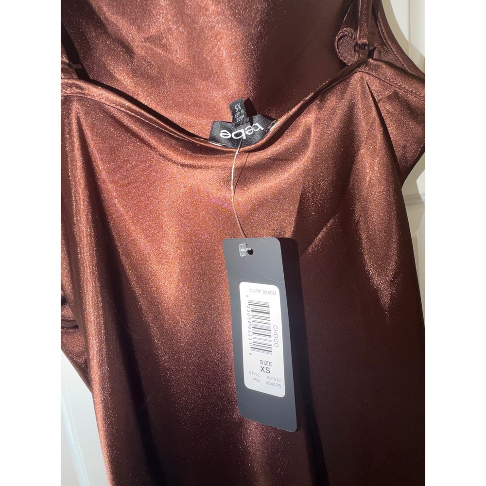 Bebe Women Brown Satin Cowl Neck Ruched Midi Dress - Picture 8 of 8